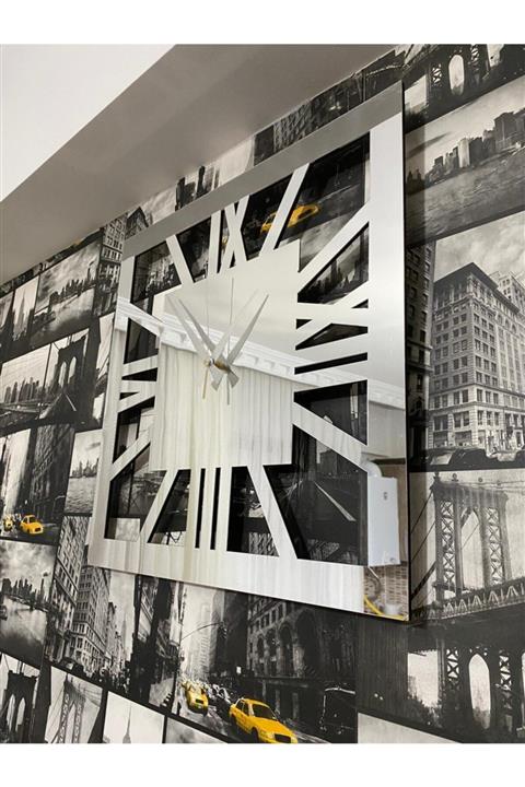 BEŞYILDIZ STORE Kare Model Duvar Saati Gümüş Aynalı Pleksi 50x50 Cm