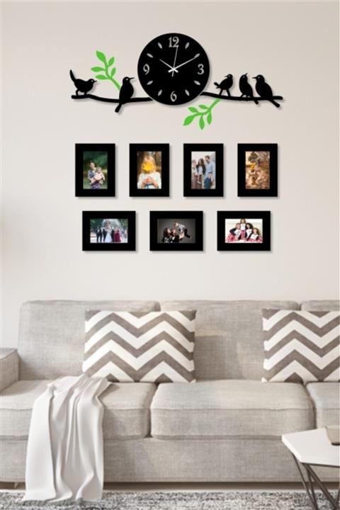 aynam Çerçeveli Dallı Kuşlu Saat - Siyah - Yeşil