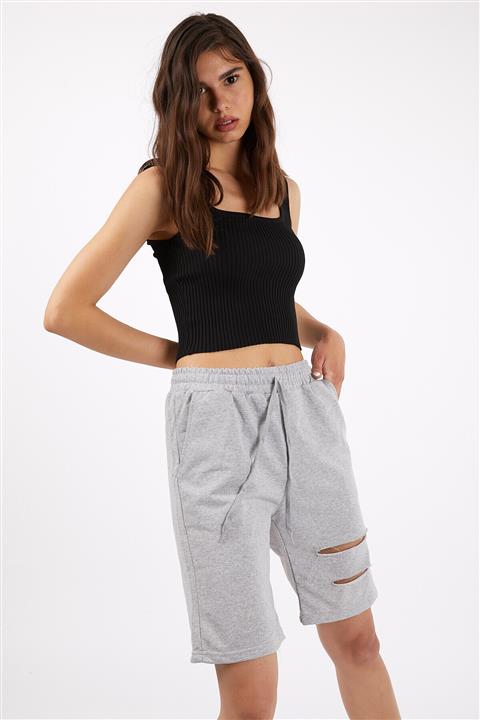 LE CARAMBOLE Kadın Gri Yırtık Detaylı Penye Şort