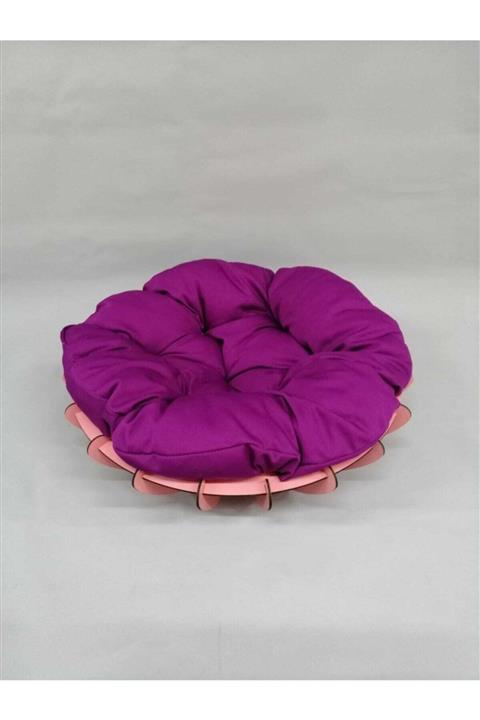 DİZE Pembe Ahşap Mor Minderli Kedi Ve Köpek Yatağı