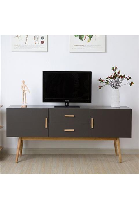 Arwell Modern Minimalist Koyu Antresit Gövde Ahşap Kulplu Lükens Ayaklı Tv Ünitesi