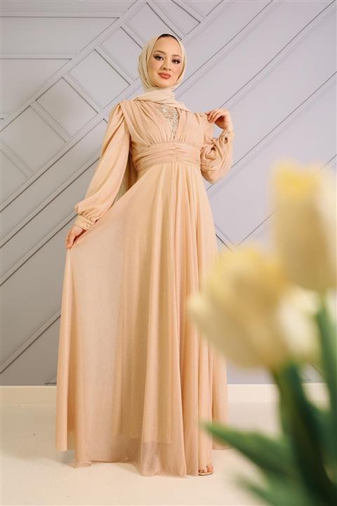 Şule Giyim Önü Dantel İşlemeli Beli Piliseli Abiye Vizon