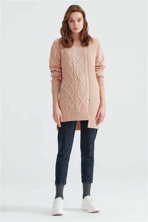 Tığ Triko Yırtmaç Detaylı Incili Triko Tunik Pudra
