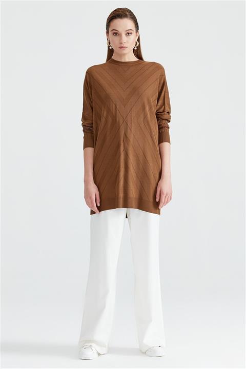 Tığ Triko Örgü Detaylı Düşük Kol Triko Tunik Haki