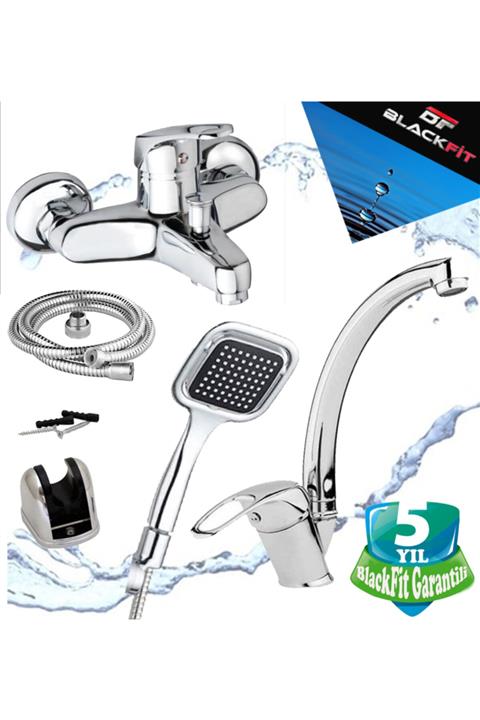 BlackFit 5'li Banyo Ve Mutfak Seti Kare Duş Başlığı, Mix Kuğu Lavabo Bataryası Banyo Bataryası
