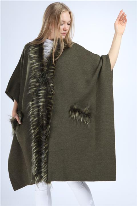 FTZ Kadın Haki Kürk Detaylı Panço