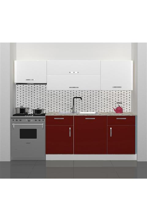 Decoraktiv Hazır Mutfak Dolabı Prestij 220 Cm Bordo & Parlak Beyaz -tezgah Dahil