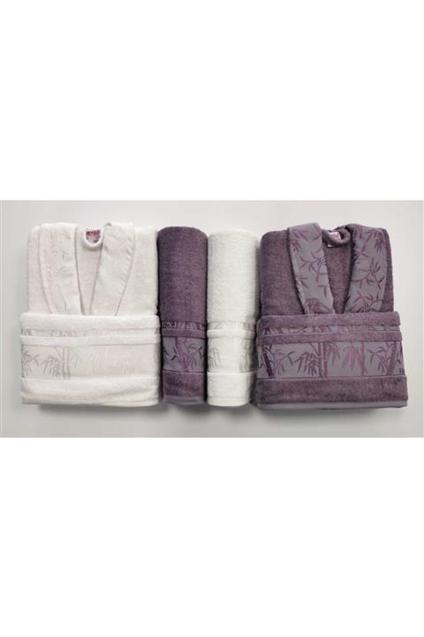 Fiesta 6'lı Jakarlı Bambu Bornoz Seti Mürdüm-beyaz