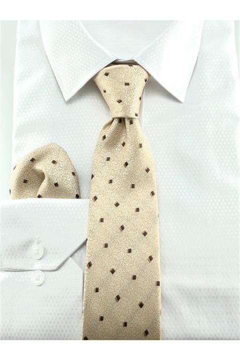 PİERRONİ Krem Kahve Desenli Mendilli Kravat