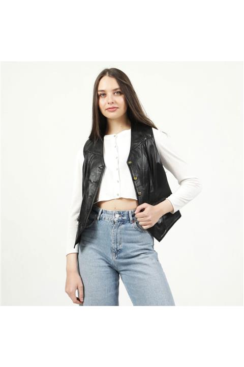 Dericlub 001 Siyah Kadın Deri Yelek