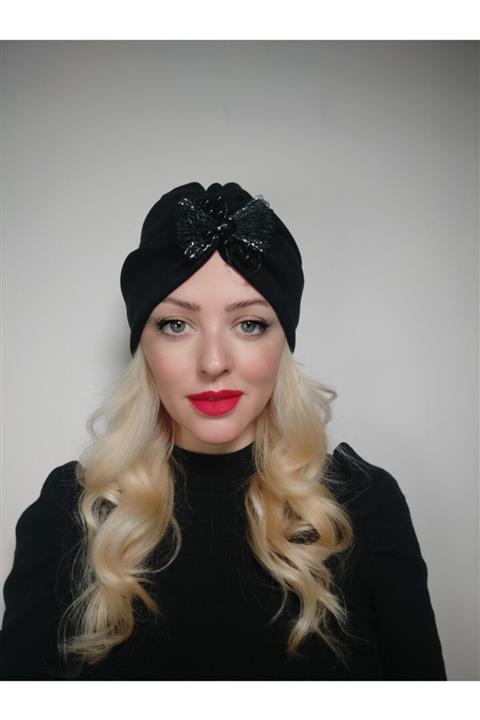 Boneliza Kadın Siyah Kışlık Boncuklu Fiyonklu Bone