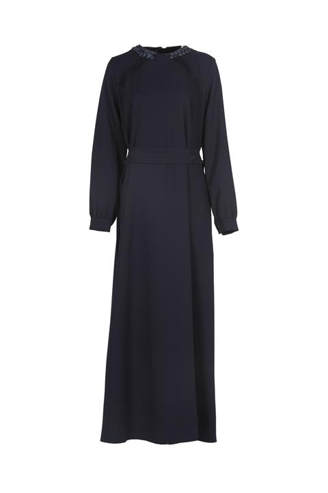 Soydan Güner Lacivert Yaka Gül Detaylı Kloş Uzun Elbise 5356