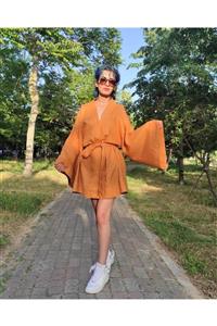 OCTO Handcraft Kadın Tarçın Keten Kumaş Oversize Kuşaklı Kimono