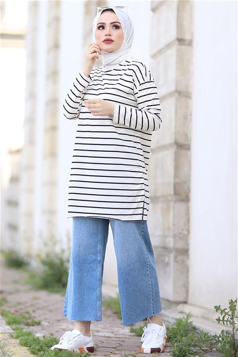 InStyle Çizgi Desenli Iki Iplik Tunik - Beyaz