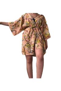 ARWNN Özel Tasarım Somon Zemin Üstü Sarı Çiçekli Kapüşonlu Viskon Kadın Kimono&kaftan