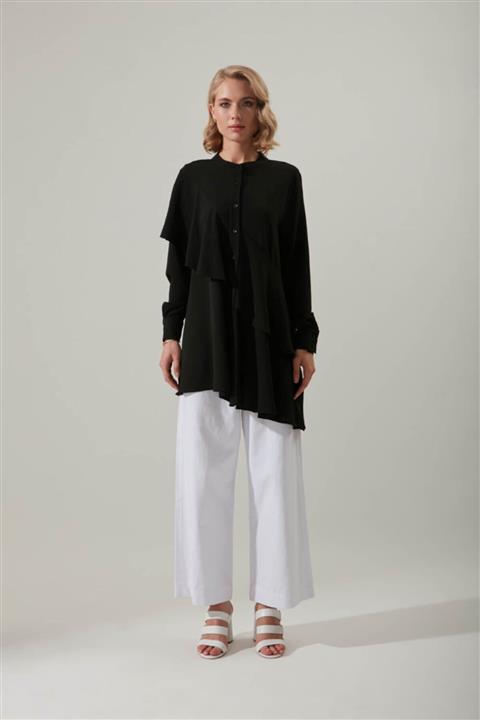 Mizalle Volanlı Önü Düğmeli Siyah Tunik