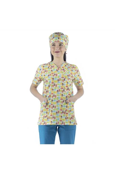 Bilenn Tekstil Baykuş Desenli Kadın Tek Üst Scrubs Forma