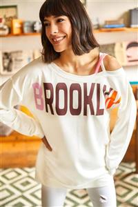 Olalook Kadın Ekru Omuz Detaylı Salaş Sweatshirt SWT-19000527