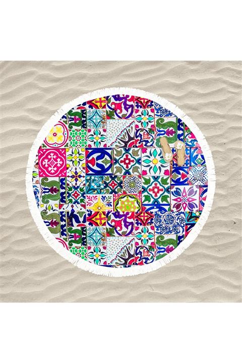 decoars Patcwork Figürlü Özel Tasarım Püsküllü Yuvarlak Plaj Havlusu