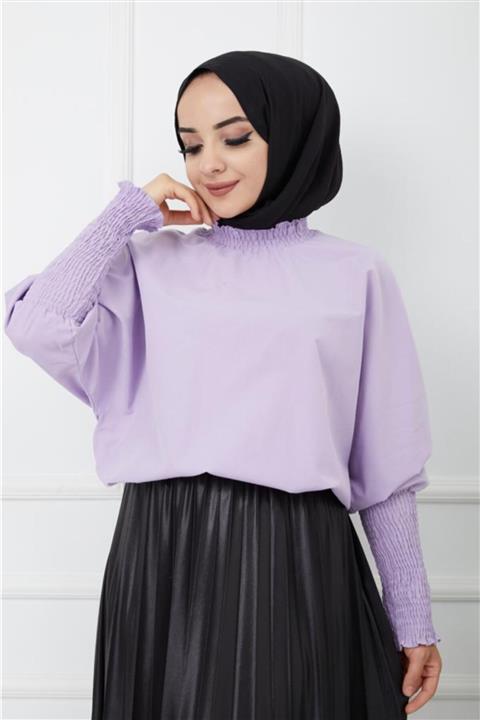 Moda Krash Kadın Mor Kol Lastik Detaylı Trend Gömlek