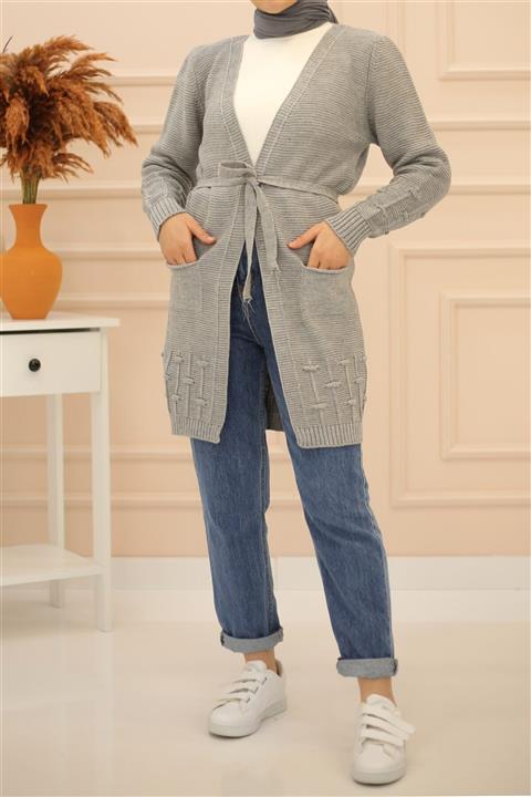 İmajButik Ön Cep Detaylı Triko Hırka/gri