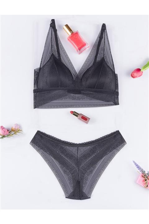 Miss Jlo Kadın Siyah Tül Desenli Bralet Sütyen Takımı