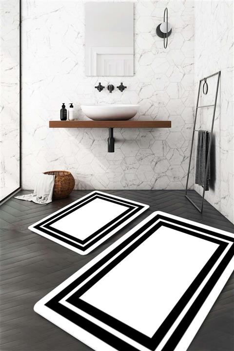 Evsebu Beyaz Zemin Siyah Kenarlık Banyo Paspası