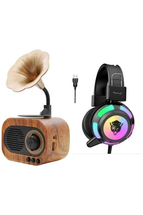 CNK Yoro V8 Mikrofonlu Oyuncu Kulaklığı Rgb Led Işıklı Kulaklık + B5 Nostaljik Mini Radyo Gramofon