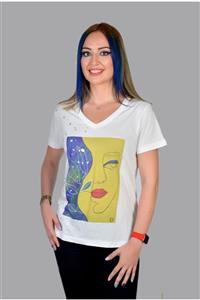 Funkshion by Ekin Sarı Kadın Ekru Stardust Baskılı Özel Tasarım Limited Edition V Yaka Cut Out Detaylı Modal Pamuk T-shirt