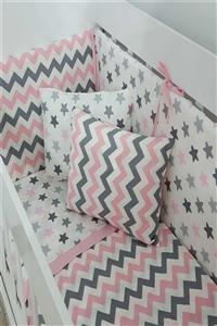 modastra Pembe Gri Zigzag Desen 100x200 Beşik Kenar Koruma Ve Nevresim Takımı