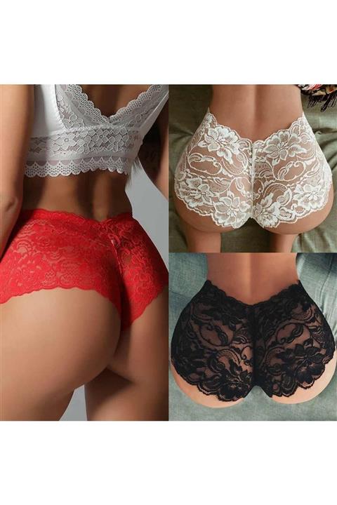 HTN LİNGERİE Kadın Beyaz Kırmızı Siyah3'lü Dantel Boxer Set