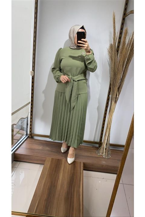 FİDELYA Broş Detaylı Krep Etekli Takım