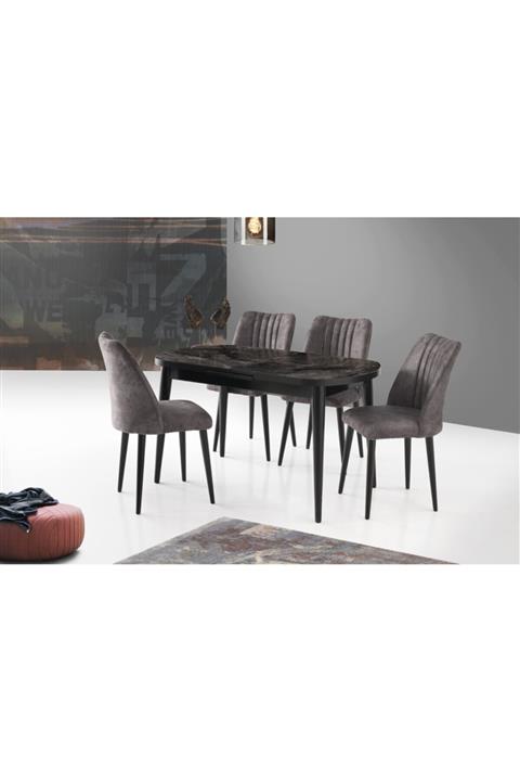 Evistro Ortadan Açılır Ahşap Salon Yemek Masası Oval Mermer Desen + 6 Gri Sandalye Takım