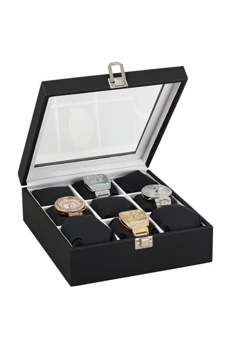 Chavin 9 Lu Ahşap Üzeri Siyah Deri Cam Kapaklı Saat Kutusu St9-22