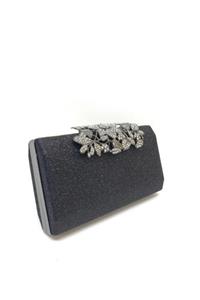 womenacs Simli Siyah Renk Taşlı Çiçek Tasarımlı Abiye Portföy Clutch Kadın Çanta Elde Ve Uzun Askılı Kullanım