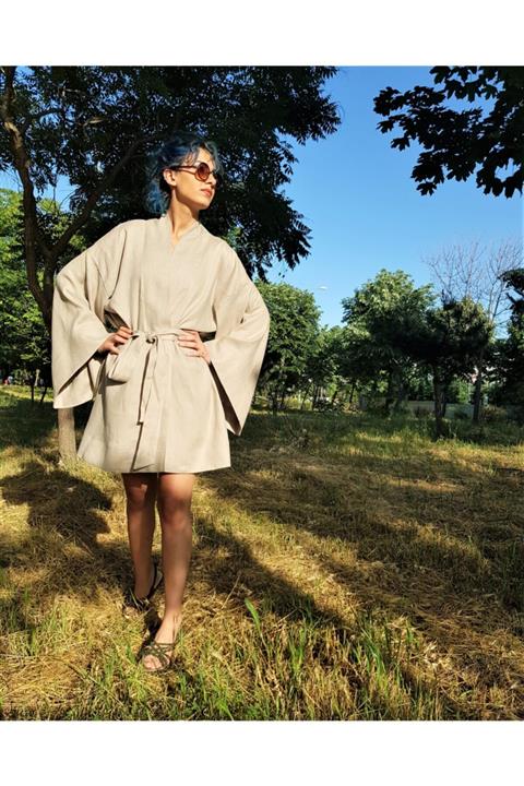OCTO Handcraft Doğal Keten Kumaştan Özel Tasarım Oversize Kuşaklı Kimono