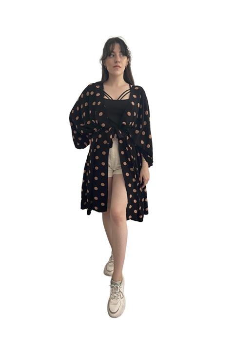 Atalente Siyah Krem Puantiyeli Kadın Kimono