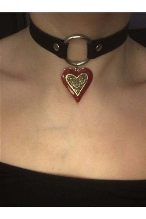 Fugusugu Çiçek Işlemeli Kırmızı Mineli Kalp Choker