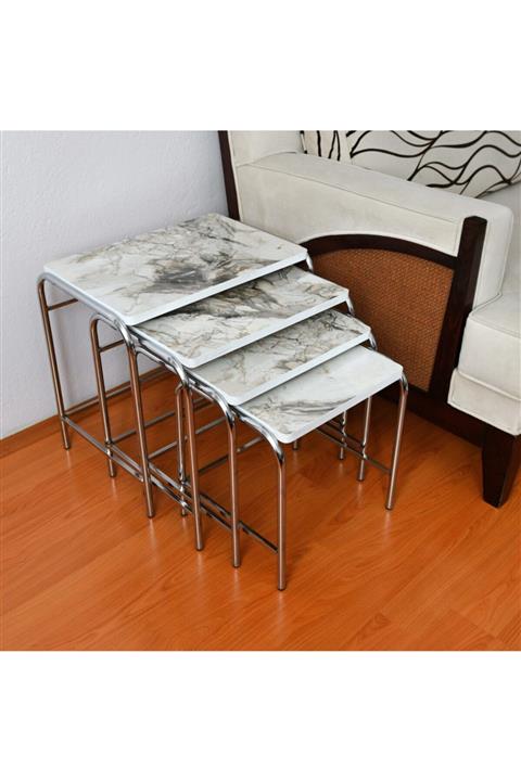 3A Mobilya Beyaz Mermer Desenli Parlak Mikelaj Ayaklı 4'lü Zigon Sehpa