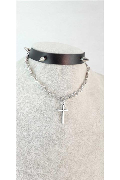Fugusugu Ince Haç 4 Spike Rope Goth Choker