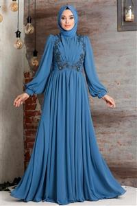 Neva Style Tesettürlü Abiye Elbise - Inci Detaylı Indigo Mavisi Tesettür Abiye Elbise 21920ım