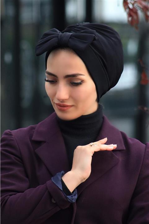 Mursen Bone Şal Hazır Tesettür Giyim Fiyonklu Bone Iki Yönlü Siyah - Özel Tasarım- Yeni Model Tesettür Giyim
