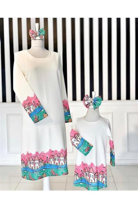 Anne Kız Tasarım Beyaz Kol Detaylı Anne Kız Takım Elbise