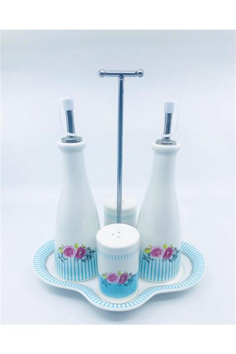 SHEKER HOME Porselen Tepsili Tuzluk Biberlik Yağlık Sirkelik Seti