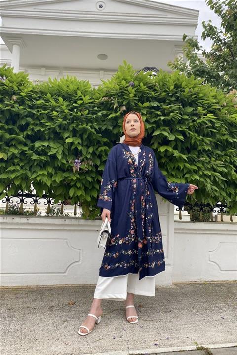 rasedesing Çiçek Desenli Kemerli Lacivert Kimono