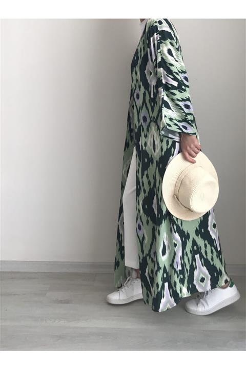 QUBİ OFFİCİAL Çok Renkli Maxi Uzun Kimono Yeşil