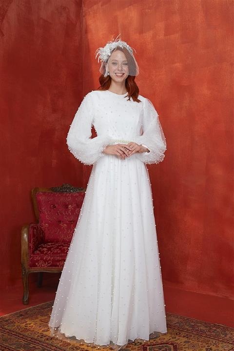 JAQAR Kadın Ekru İnci Detaylı Gelinlik