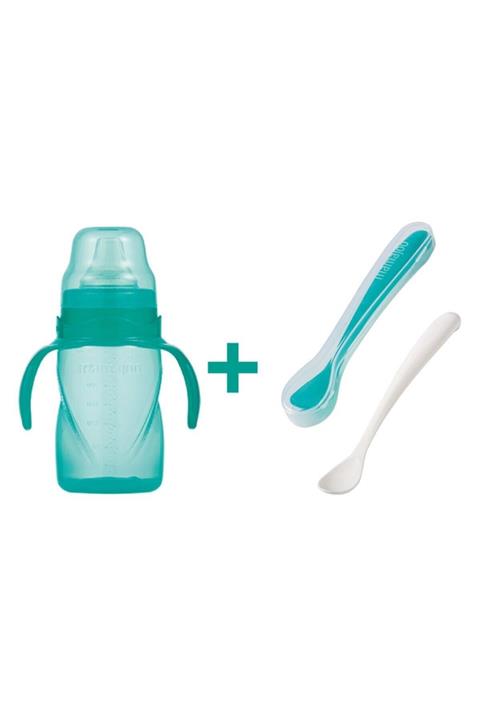 Mamajoo Kulplu Eğitici Bardak 270 ml İkili Beslenme Kaşığı Yeşil