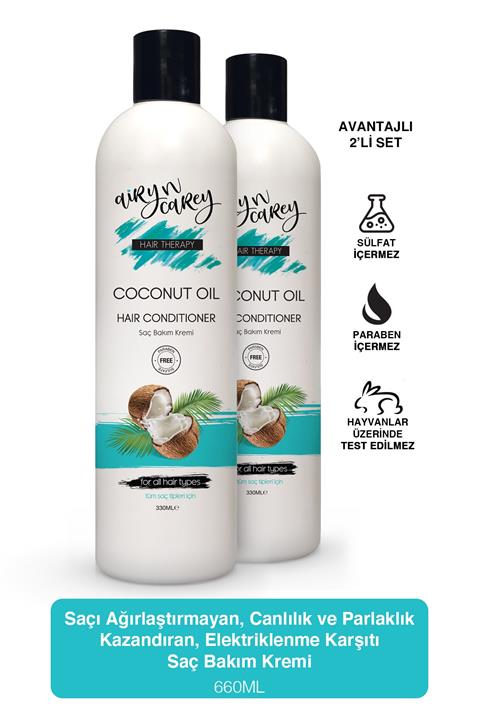 Airy n Carey Elektriklenme Karşıtı, Sülfatsız Hindistan Cevizi Yağı Saç Bakım Kremi 2'li Set 660ml 86829837005392