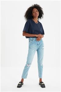 TRENDYOLMİLLA Mavi Yırtık Detaylı Yüksek Bel Mom Jeans TWOAW22JE0177